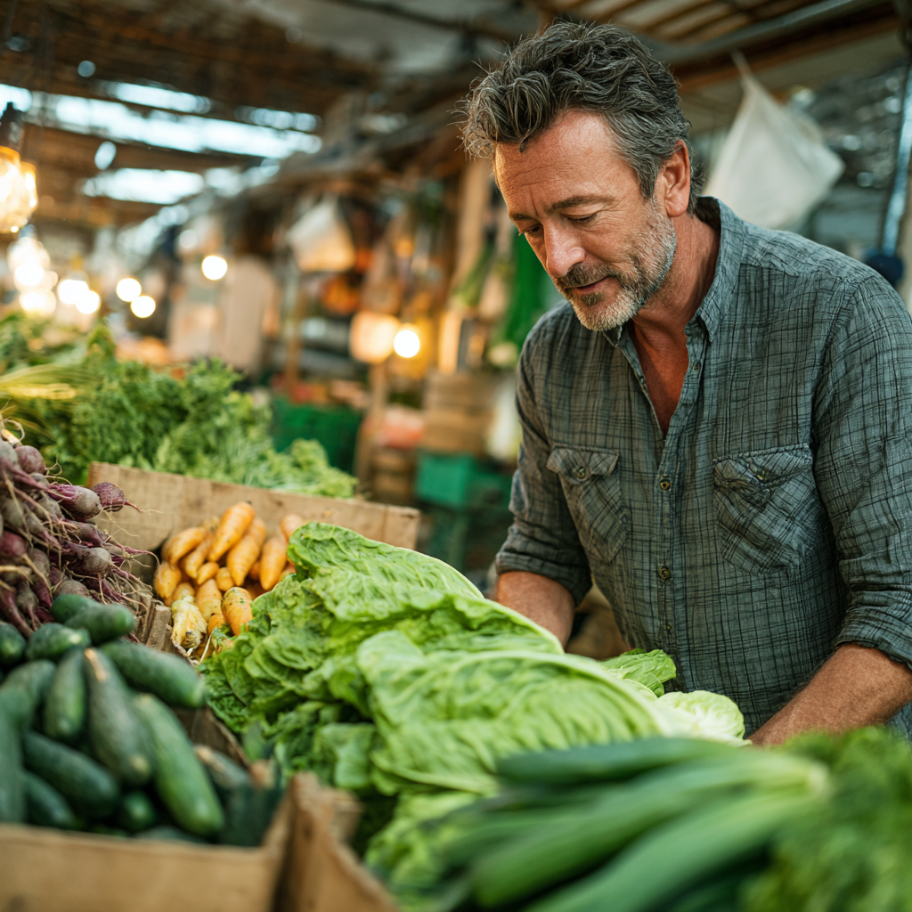 A man in his early 50s confidently choosing fresh vegetables at a market.