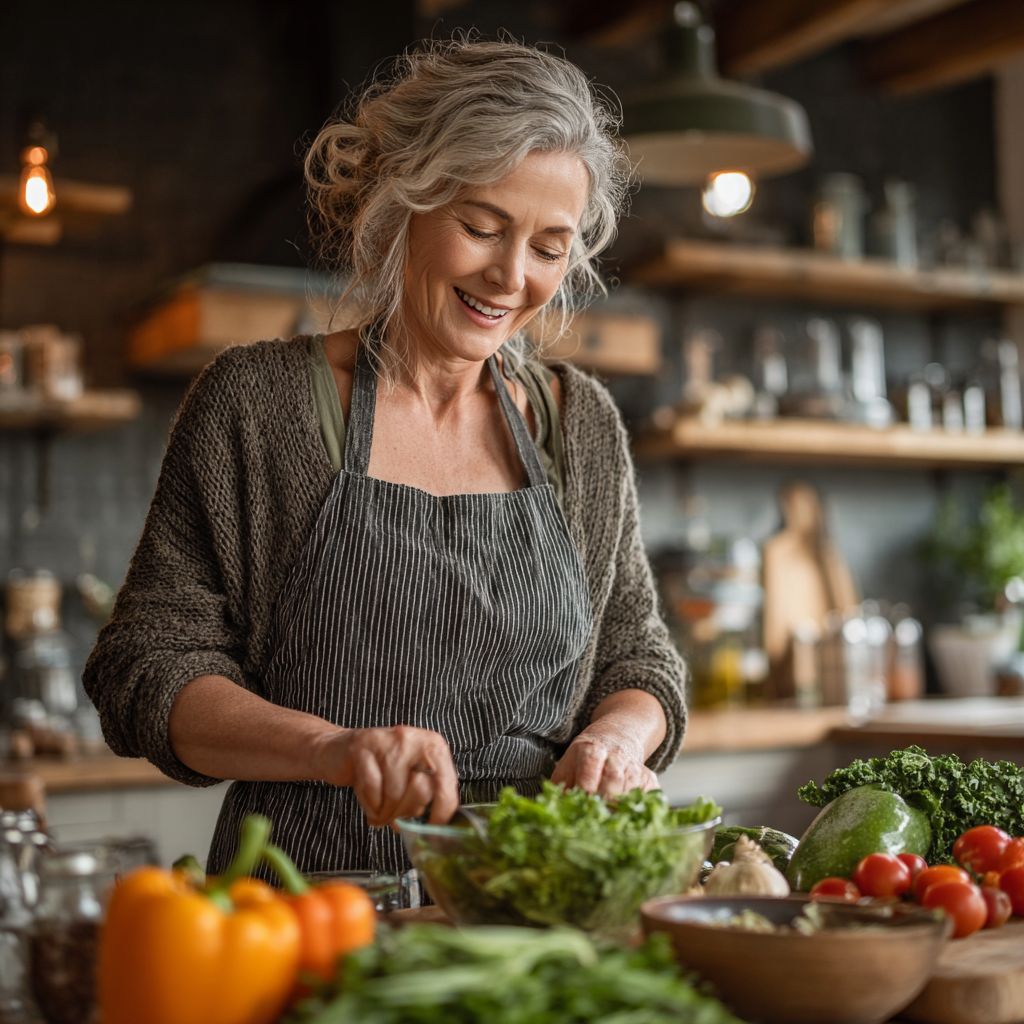 A woman in her late 40s smiling and preparing a healthy salad in a bright kitchen.